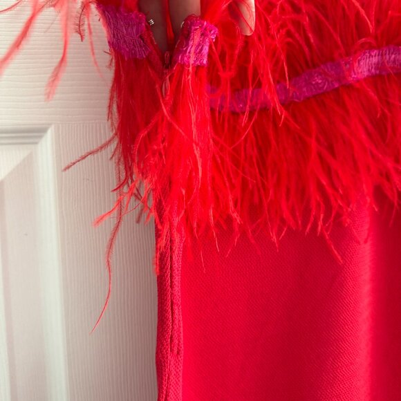 STAUD Etta Feather And Raffia-trimmed Crochet-knit Mini Dress In Blood Orange, s - Picture 6 of 12